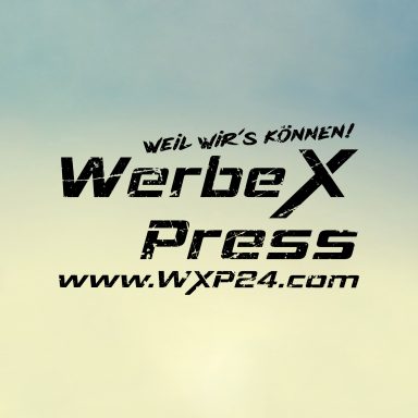 Schriftzug "WerbeX Press" mit dem Slogan "WEIL WIR'S KÖNNEN!" und der Website www.WXP24.com.
