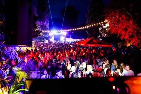Vielseitige Menschenmenge bei einem nächtlichen Festival mit bunten Lichtern.
