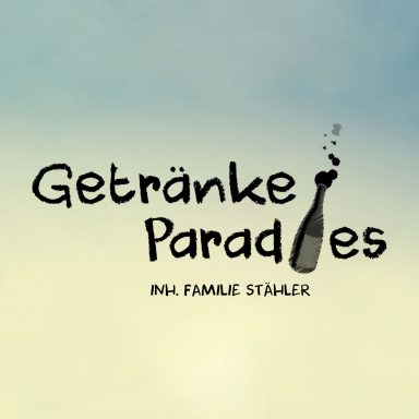 Logo "Getränke Paradies" mit einer Sektflasche.