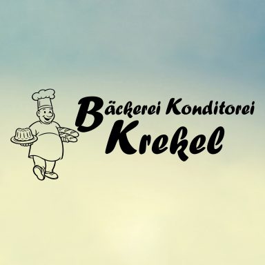 Logo der Bäckerei Krekel mit einem Bild von einem Bäcker mit Kuchen und Brot.
