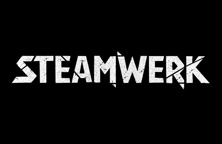 Logo der Band Steamwerk mit kantigem, industriellem Schriftzug auf schwarzem Hintergrund.